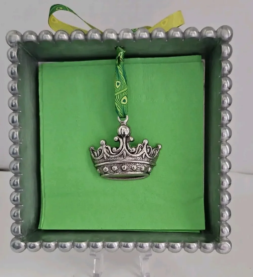 MUDPIE Pewter Metal Beaded Edge Cocktail Napkin Basket With Crown Weight
